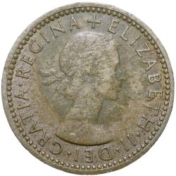 Alternative view of Old Copper-Nickel 6 Pence of Elizabeth II of United Kingdom (AD 1959) with Flowers