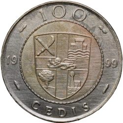 Alternative view of Bi-Metallic 100 Cedis of Ghana Country (AD 1999) with Cocoa Plants