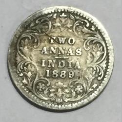 Alternative view of 1889 Victoria Silver Two Anna Rare Coin British India #1020