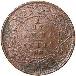 Alternative view of Copper 1/12 Anna of Victoria Empress (AD 1901) of Calcutta Mint Bust Type B Inverted 'V'