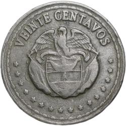Old Copper-Nickel 20 Centavos of Colombia Country (AD 1959) Simon Bolivar