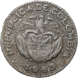 Alternative view of Old Copper-Nickel 10 Pesos of Colombia Country (AD 1963) with portrait of Indio Chief