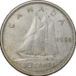Alternative view of Silver 10 Cents of Elizabeth II (AD 1964) from Canada with The Bluenose under sail