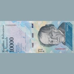 Alternative view of 10000 Bolivares of Venezuela Country (AD 2017) with Spectacled bear & Mountains