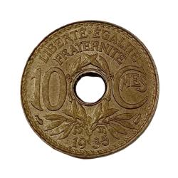 Alternative view of FRANCE 10 CENTIMES Year 1935 Third Republic Coinage **RARE** High Collectable Grade.
