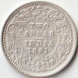 XF Grade Two Anna 1891 Silver Coin of Victoria Empress British India Coinage