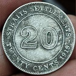 1919 Straits Settlements 20 Cents - George V Silver Coin #R178