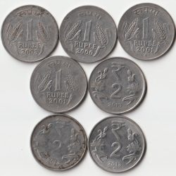 7 Coins Lot of One, Two Rupees Different Dates Set of Aluminium Coin of Republic India