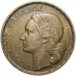 Alternative view of Old Brass 50 Francs of France Country (AD 1952) with Rooster Scarce