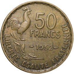 Old Brass 50 Francs of France Country (AD 1952) with Rooster Scarce