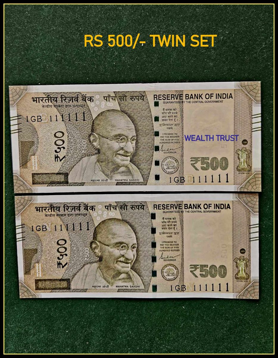Rs 500 TWIN SET Gem Unc Very Unique Bank Note Set SUPER Solid Number 1GB 111111