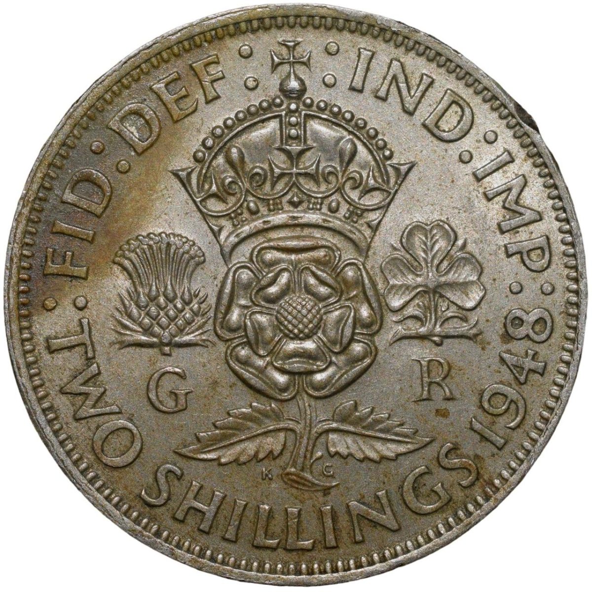 Copper-Nickel 2 Shillings of George VI (AD 1948) from Great Brittain Crown above Rose Plant