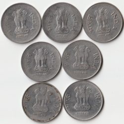 7 Coins Lot of One, Two Rupees Different Dates Set of Aluminium Coin of Republic India