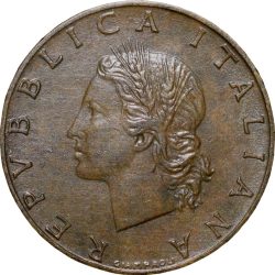 Old Brass 20 Lira of Italy Country (AD 1958) with Oak Leaves Scarce