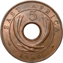 Alternative view of Bronze 5 Cents of East Africa (AD 1964) in UNC Grade Rare