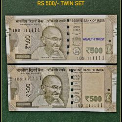 Rs 500 TWIN SET Gem Unc Very Unique Bank Note Set SUPER Solid Number 1BS 111111