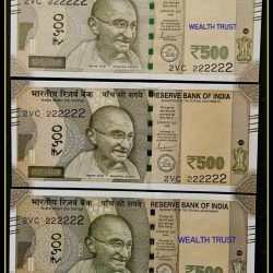 Rs 500 TRIPLET SET Gem Unc Very Unique & Rare SUPER Solid Number 2VC 222222