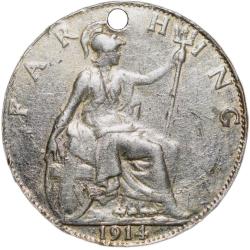 Alternative view of Silver coated Bronze Farthing of George V (AD 1914) from Great Brittain