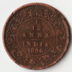 Rare 1/12 Anna 1886 Copper Coin of Victoria Queen British India Coinage