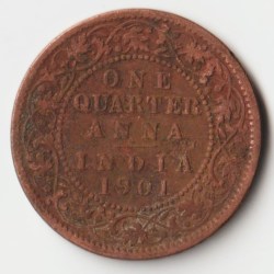 Extremely Rare and Fine One Quarter Anna 1901 Copper Coin of Victoria Empress British India Coinage