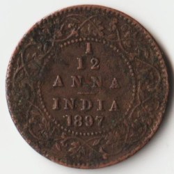 Extremely Rare 1/12 Anna 1897 Copper Coin of Victoria Empress British India Coinage