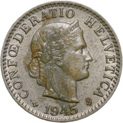 Old Copper-Nickel 20 Rappen of Switzerland Country (AD 1945)