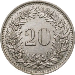 Alternative view of Old Copper-Nickel 20 Rappen of Switzerland Country (AD 1945)