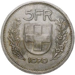 Alternative view of Copper-Nickel 5 Francs of Switzerland Country (AD 1979) with Bust of curly-haired herdsman Large Siz