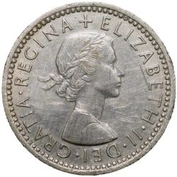Alternative view of OldcCopper-Nickel 6 Pence of Elizabeth II of United Kingdom (AD 1956) with Flowers