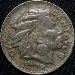 Old Copper-Nickel 10 Pesos of Colombia Country (AD 1964) with portrait of Indio Chief