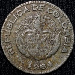 Alternative view of Old Copper-Nickel 10 Pesos of Colombia Country (AD 1964) with portrait of Indio Chief