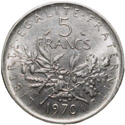 Alternative view of Copper-Nickel 5 Francs of France Country (AD 1970) Large Size About UNC Grade