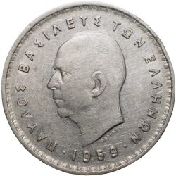 Old 10 Drachmai of Greece Country (AD 1959) with Portrait of mature King Paul A