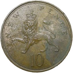 Alternative view of Old Heavy Copper-Nickel 10 New Pence of Elizabeth II(AD 1968) from United Kingdom/Great Brittain
