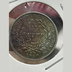 Rare Half Rupee British India 1840 Victoria continues legend with tonned. Sku 156