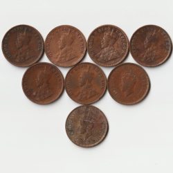 8 Coins Set of One Quarter Anna 1919 to 1940 Bronze Coin of King George V British India Coinage