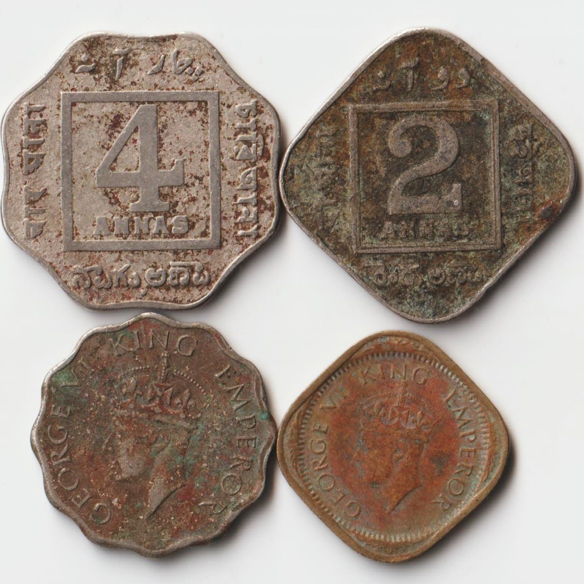 Rare Four Coins Set of 1/2, 1, 2, 4 Anna 1918-20 George V and George VI 1944-46 Different Metals Collectible Coins of British India
