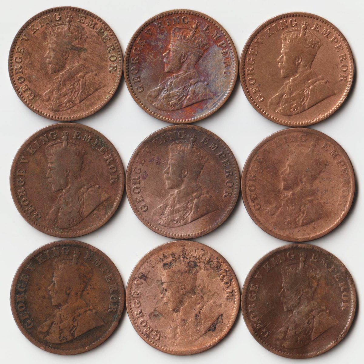 9 Coins Set of One Quarter Anna 1917 to 1936 Copper Coin of King