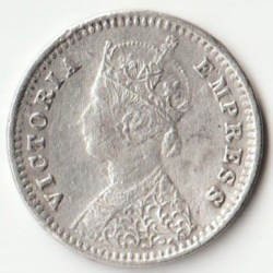 Alternative view of Rare Two Anna 1887 Victoria Empress of British India Small Silver Beautiful Extremely Fine Grade Coin