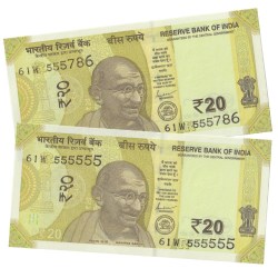 Rare 2 Note Set of 20 Rupee Super Fancy No 555555 and 555786 Unc Condition Note #NH1312