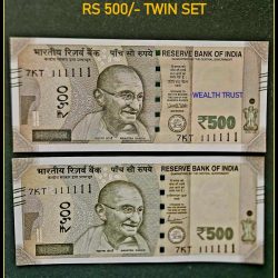 Rs 500 TWIN SET Gem Unc Very Bank Note Set Solid Number 7KT 111111 Unique and Rare