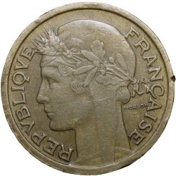 Brass 1 Franc of France (AD 1936) with Marianne's head left