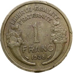 Alternative view of Brass 1 Franc of France (AD 1936) with Marianne's head left
