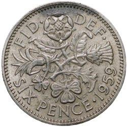 Alternative view of Copper-Nickel 6 Pence of Elizabeth II of United Kingdom (AD 1959) with Flowers
