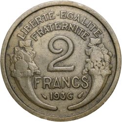 Alternative view of Brass 2 Franc Of France (Ad 1936) With Marianne's Head Left