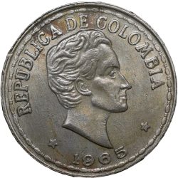 Old Copper-Nickel 20 Centavos of Colombia Country (AD 1965) Simon Bolivar