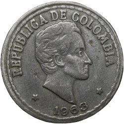 Old Copper-Nickel 20 Centavos of Colombia Country (AD 1963) Simon Bolivar