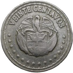 Alternative view of Old Copper-Nickel 20 Centavos of Colombia Country (AD 1963) Simon Bolivar