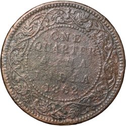 Alternative view of Copper 1/4 Anna of Victoria Queen (AD 1862) of Calcutta Mint Reverse Type 1