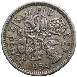 Old Copper-Nickel 6 Pence of Elizabeth II of United Kingdom (AD 1954) with Flowers